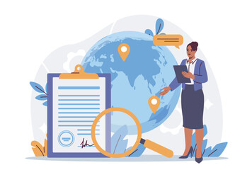 Naklejka premium Businesswoman analyzing legal document with clipboard and magnifying glass in front of globe with location pins, flat style, white background. Concept of verification. Vector illustration