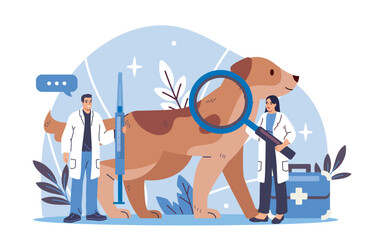 Two veterinarians in lab coats examining a large cartoon dog with a magnifying glass and a syringe on a blue abstract background. Concept of pet healthcare. Vector illustration