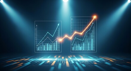 Data correlation concept. Two different line graphs are shown, and as one rises, so does the other, with a glowing line connecting them.