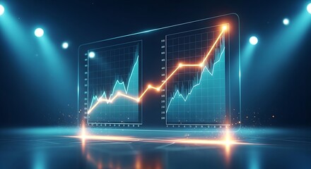 Data correlation concept. Two different line graphs are shown, and as one rises, so does the other, with a glowing line connecting them.