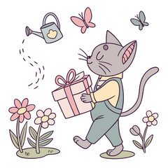 Spring Garden colored Sphynx cat with a Bashful touch, placed in a Spring garden theme and styled with carrying a gift box