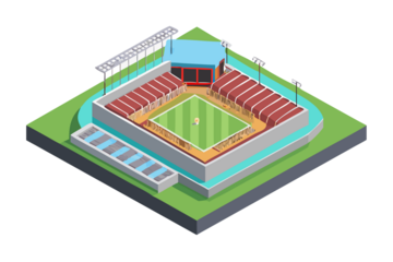 Isometric view of a modern baseball stadium with green field and red seating