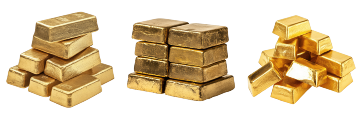 Set of gold bricks isolated on transparent background