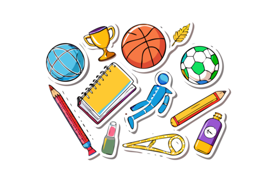 Collection of school and sports supplies arranged in a circle on a black background