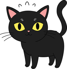Cute black cat cartoon illustration, yellow eyes, adorable pet, grey background art