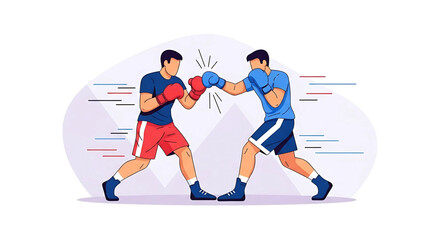 Intense boxing bout displaying power and agility between two determined fighters within a modern illustrated style showing a dynamic and energetic clash