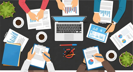 Collaborative data analysis and business strategy meeting viewed from above shows teamwork and attention to detail for making data-driven decisions