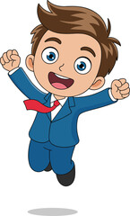 Cartoon boy jumping, blue suit, red tie, white shirt, fists raised, joyful expression, energetic pose, celebration character illustration
