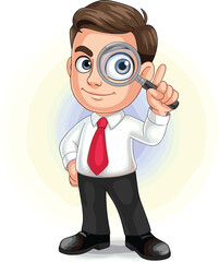 Cartoon business character with marker, red tie, peace sign gesture, gradient background, professional illustration, playful corporate concept