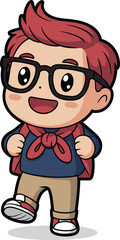 Cartoon character walking, red hair, black glasses, blue shirt, red scarf, backpack, cheerful expression, animated student illustration