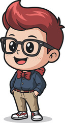 Cartoon character with red hair, black glasses, blue shirt, red bow tie, stylish outfit, relaxed pose, educational branding illustration