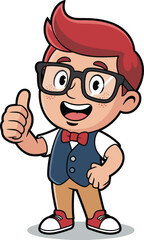 Cartoon character with red hair, black glasses, blue vest, red bow tie, thumbs up pose, stylish outfit, cheerful illustration