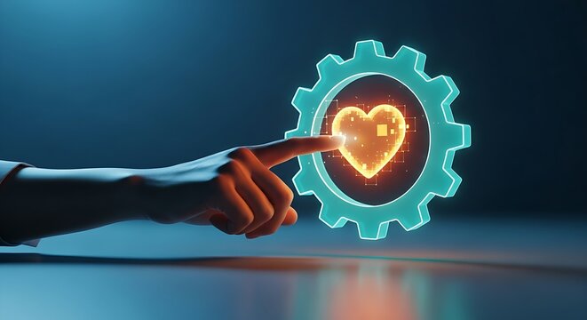 Intrinsic motivation concept. A hand touches a hologram of a heart inside a gear icon, symbolizing passion driving work and performance.