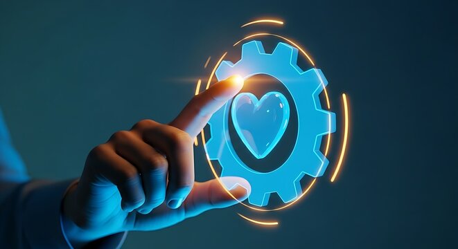 Intrinsic motivation concept. A hand touches a hologram of a heart inside a gear icon, symbolizing passion driving work and performance.
