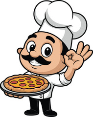 Cartoon chef holding pepperoni pizza, white hat, mustache, OK gesture, smiling face, Italian restaurant mascot, culinary illustration