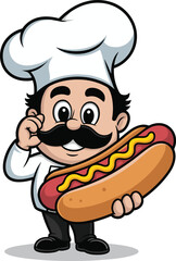 Cartoon chef holding hot dog with mustard, white hat, mustache, OK gesture, smiling face, food mascot, restaurant branding
