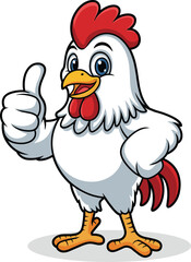 Cartoon chicken with white feathers, red comb and tail, thumbs-up gesture, blue eyes, cheerful farm animal character illustration