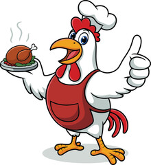 Cartoon chicken chef with white hat, red apron, thumbs-up gesture, serving hot roasted poultry, cheerful character, cooking illustration