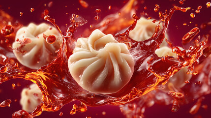 professional advertising shot - Chilli garlic momo floating in spicy sauce splash with background enhancing vibrant culinary appeal