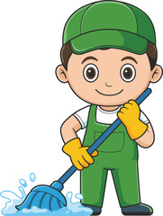 Cartoon cleaner character with mop, green overalls, yellow gloves, friendly face, cleaning puddle, sanitation mascot, maintenance illustration