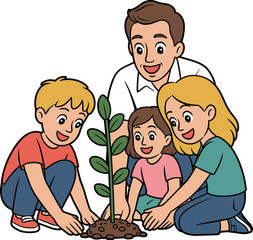 Cartoon children planting tree with adult, teamwork and soil activity, green leaves, environmental awareness, nature education illustration