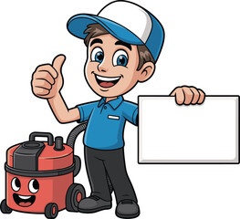 Cartoon cleaner in blue uniform, thumbs up, holding blank sign, smiling vacuum cleaner, cleaning service promotion illustration