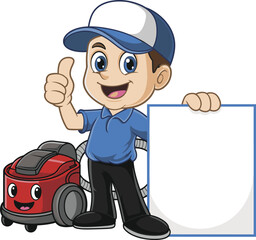 Cartoon cleaner with blank sign, smiling vacuum cleaner, blue uniform, thumbs up gesture, cleaning service concept, red equipment