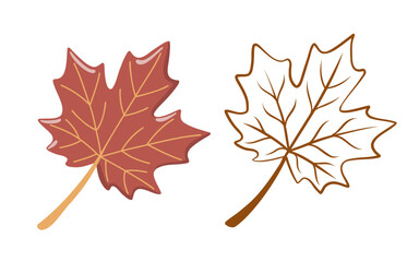 Red maple leaf in cartoon and outline style. Vector isolated illustration on white background.