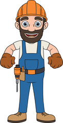 Cartoon construction worker, orange hard hat, blue overalls, tool belt, gloves, work boots, white shirt, animated character, builder illustration