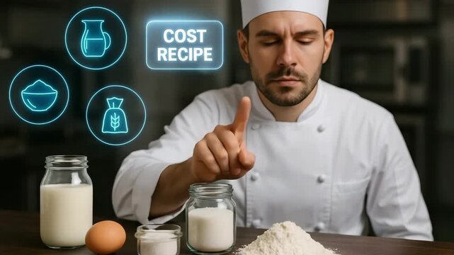 A chef is interacting with a cost recipe interface using his finger. 