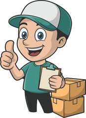 Cartoon delivery worker, green shirt, clipboard, thumbs-up gesture, cardboard boxes, smiling character, logistics illustration, shipping mascot