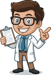 Cartoon doctor with clipboard, white coat, glasses, pointing gesture, medical professional character, healthcare concept, educational illustration