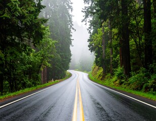 Misty forest road in rain