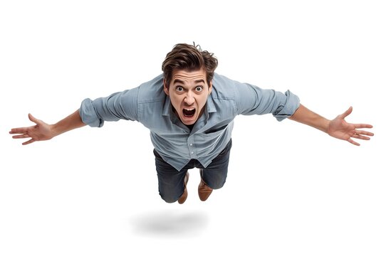 Situation, the man in casual clothes is falling down. isolated on white background. Concept of an accident.