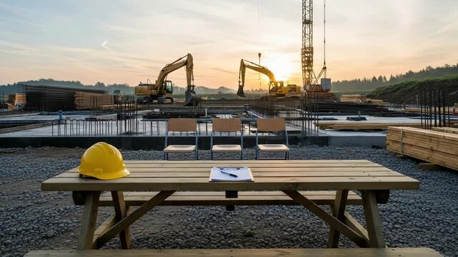 Construction site at sunrise with a hard hat and plans on a table. Building foundation with rebar, excavators, and a crane in the background.