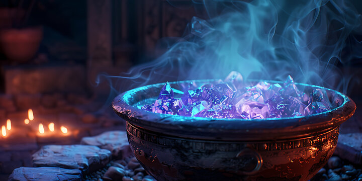 Mystical cauldron with glowing blue crystals and steam
