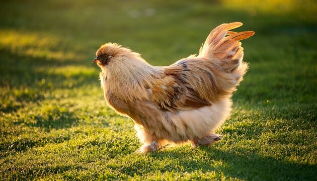 fluffy silky chicken walking freely in farmland