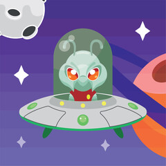 Alien UFO in purple space. Vector