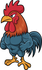 Cartoon muscular rooster character, red comb, blue body, clenched fists, humorous animal concept, strong bird illustration, unique design