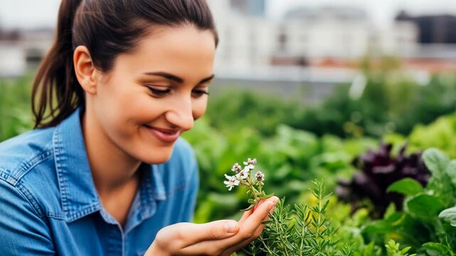 Peaceful Latin woman smelling a fresh flower in a rooftop garden