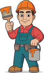 Cartoon painter character with orange paint, red shirt, blue overalls, hard hat, paintbrush and bucket, construction art illustration