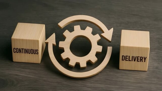 Continuous Delivery represented by wooden blocks and gear in a dark background. 