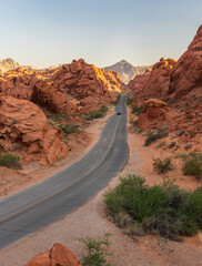 Mouse's Tank Road enters the dramatic red sandstone formations in Valley of Fire state park Nevada