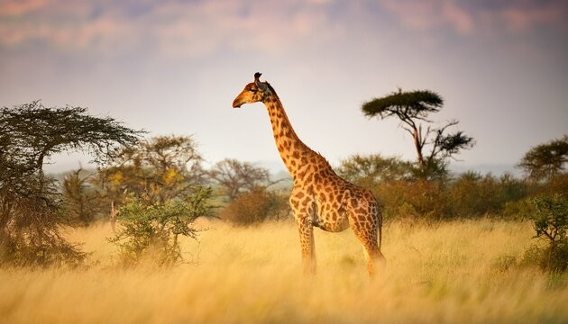 ethereal elegance of giraffe as it gracefully roams its natural abode upon vast savanna its elongated neck reaching towards heavens amidst towering acacia trees while harmoniously coexisting with