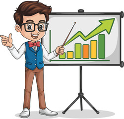 Cartoon presenter with pointer, bar graph on board, business data explanation, upward arrow, educational character, analytics concept, chart