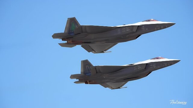 Two F-22 Raptor fighter jets fly in formation against a clear blue sky, showcasing their advanced stealth design and powerful engines.