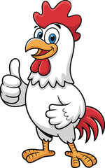 Cartoon rooster thumbs-up, red comb, yellow beak, blue eyes, white body, red tail, cheerful farm animal illustration