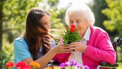 Caregiver giving a potted flower to a happy senior woman in a wheelchair