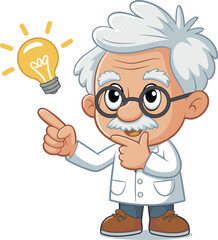 Cartoon scientist with light bulb idea, white lab coat, pointing gesture, innovation concept, white hair, inspiration symbol, inventor character