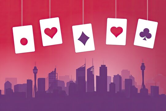 Playing cards hanging over a city skyline - Powered by Adobe